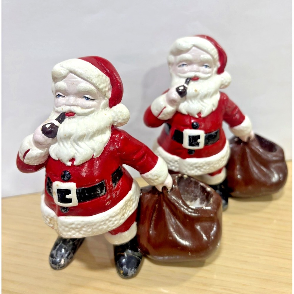 Vintage Santa Claus Pipe Candle Holders Set of 2 Christmas Figurines Japan